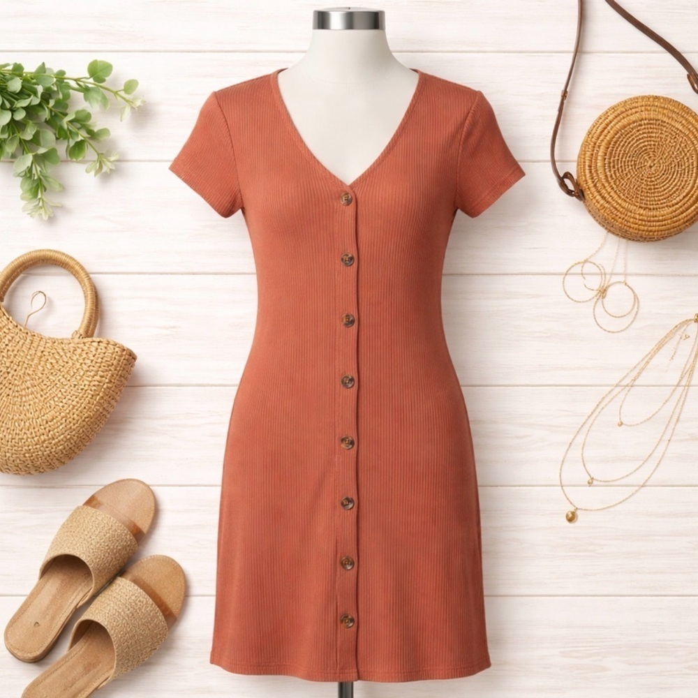 NWT DIP Brand Ribbed Short Sleeve Button Down V-Neck Dress Women's Size XS